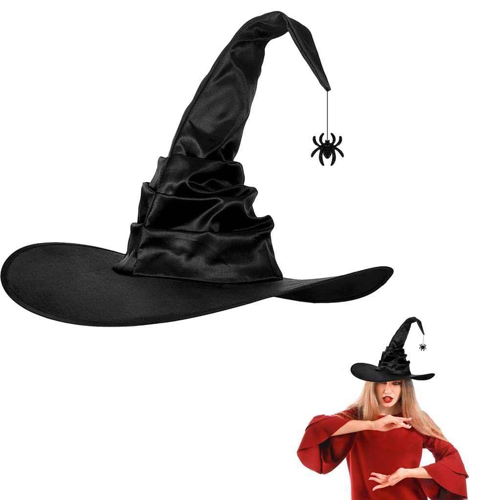 Black Folds Witch Hat with Spider Bat Adult Women Halloween Wizard Hat Magic Cap Headwear Witch Hat Teen Girls Party Masquerade Decor Carnival Daily Cosplay Fancy Dress Costume Accessory — image 1