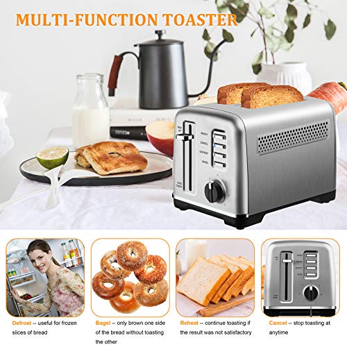 Toaster 2 Slice Stainless Steel Toasters with Removable Crumb Tray Toaster 2 Slice Best Rated Prime Two Slice Toaster with Quick Check/Reheat/Cancel/Bagel/Defrost Function + 7 Browning Setting