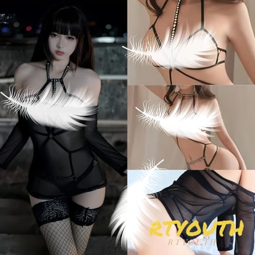 [RTYOUTH] ボンテージ メンズ 大きいサイズ セクシー 男の娘 コスプレ ランジェリー ぽっちゃり 過激 変態 SM 黒 透け 誘惑 女王様 緊縛 オープンクロッチ - 画像4