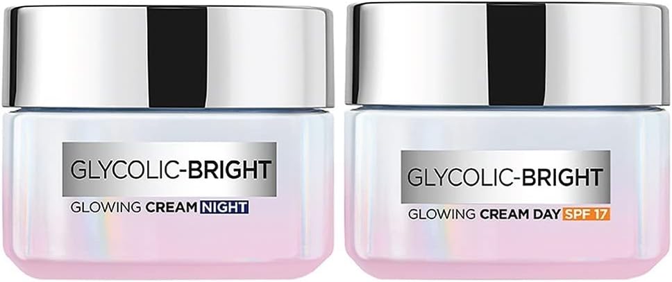 L'OREAL PARIS Glycolic Bright Day Cream With Spf17, 15 Ml + Glycolic Bright Glowing Night Cream, 15 Ml, Regime Pack Of 2