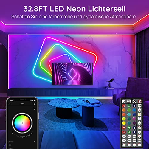 10m LED Neon Seillichter, Steuerung mit App/Fernbedienung, Flexibles LED Seillicht, Mehrere Modi, IP65 Outdoor RGB Neonlichter Wasserdicht