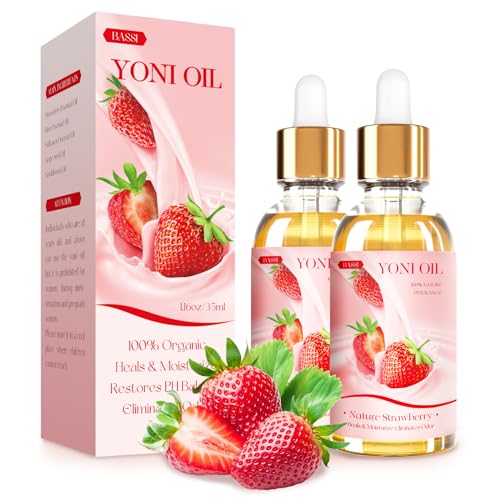 BASSI 2PCS Yoni Oil Organic Feminine Oil Vaginal Moisturizer - Ph Balance for Women - Feminine Deodorant - Eliminates Odor With Strawberry Essential Oil, All Natural Yoni Oil (Strawberry)