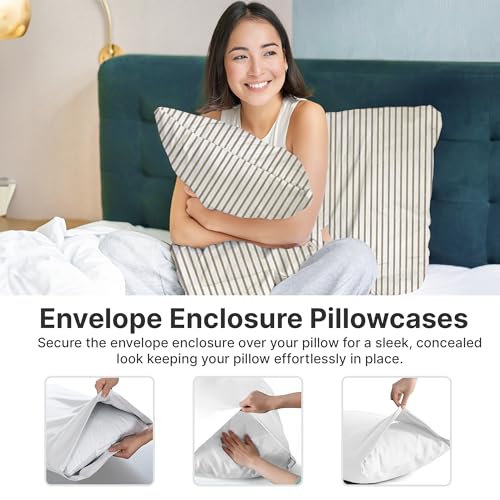 Extra Deep Split King Sheet Set - 7 Piece Breathable & Cooling Sheets - Hotel Luxury Bed Sheets Set - Easy Fit - Soft, Wrinkle Free & Comfy Sheets Set - Beige Striped Sheet Set w/Extra Deep Pockets - 7