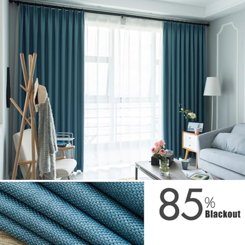 Rideau opaque chambre occultant et isolant bleu uni aspect lin 132x138 - 4