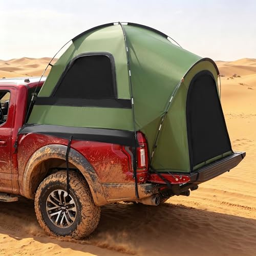 Bosvell Truck Bed Tent Waterproof PU3000mm Pickup Truck Tent with Rainfly & Power Tunnel Fits Full Size Short Bed Easy Set-up for 2 Person Camping Compatible with Chevy Dodge Ford GMC Green