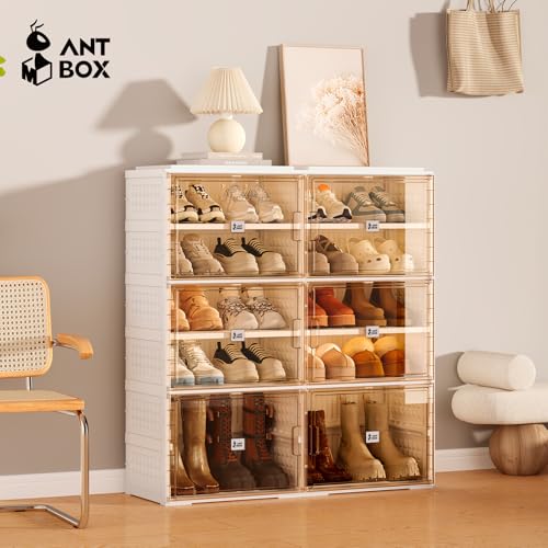 Image of ANTBOX Foldable Shoe Rack Cabinet with Clear Doors, Extra Large Shoe Organizer for Entryway & Closet, Portable Dust-Free Storage Shelf Holds 16 Pairs (X-Large 16 Pairs)