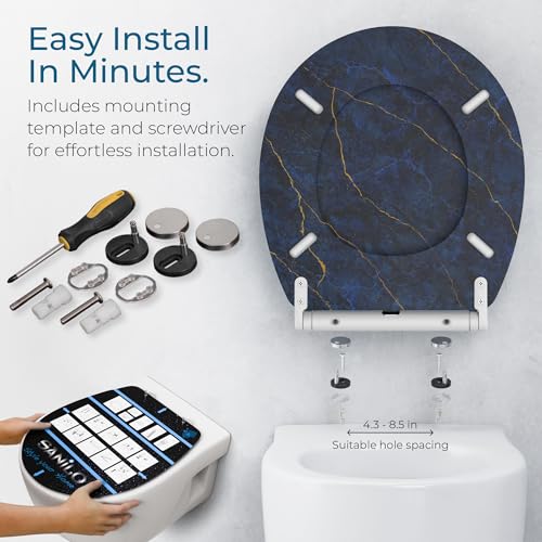 Image of Sanilo Wooden Toilet Seat with Quick Release & Soft Close [ROUND] - Decorative & Slow Close Molded Wood Seat - With One Click for Easy Installation & Cleaning - With Adjustable Fit (Marble Darkblue)