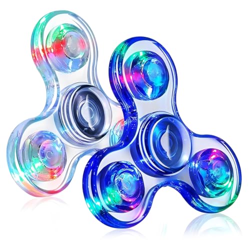 CEJAS 2 Pièces Fidget Hand Spinners,Jouet Soulagement du Stress, Anti-anxiété, LED Fidget Spinner Jouets,Cadeau pour Enfants et Adultes - Cristal-Transparent et Bleu