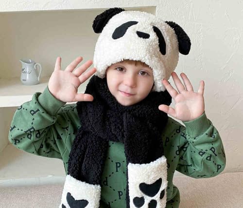 Image of Kids Winter Hat Gloves Scarf Set,Cute Panda Hat with Movable Ears Thick Warm Hood Cap for Girls Boys 4-10 Years Old
