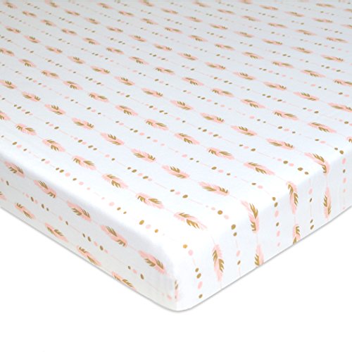 TL Care Fitted Mini Crib Sheet 24" x 38", Soft Breathable Neutral 100% Cotton Jersey Portable Sheet, Gold and Pink Feather, for Boys and Girls, Fits Most Pack N Play and Mini Crib Mattresses