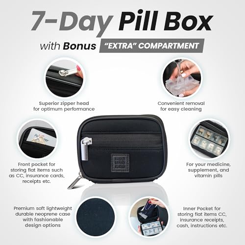 Image of Made Easy Kit Pill Case - Weekly Medicine Organizer with Removable Seven-Day Vitamin & Supplement Box - Premium Neoprene for Travel Purse Accessory (Black)