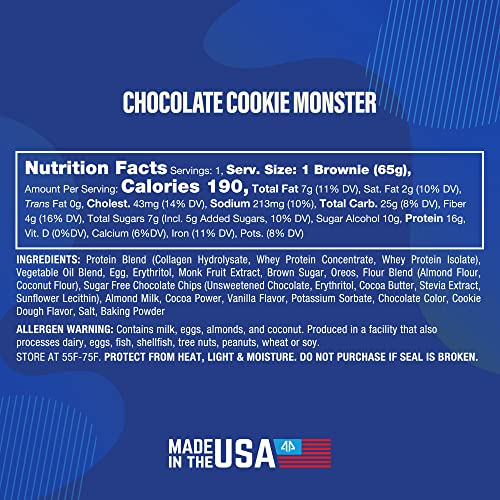 Prime Bites Protein Brownie From Ap Sports Regimen | 16-17G Protein | 5G Collagen | Delicious Guilt-Free Snack | 12 Bars Per Box (Chocolate Cookie Monster) #TOP4