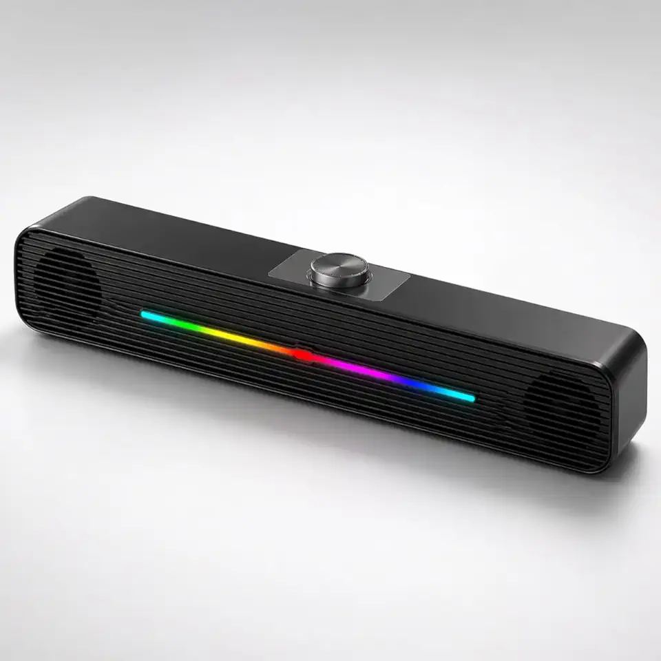 Caixa de Som PC Auto Falantes Soundbar 2.0 Estéreo Luzes RGB Ideal Para Setup Gamer para Computador TV, Som Potente com Efeito Estéreo, USB e Modo Auxiliar — Qualidade Premium Loreal Shop