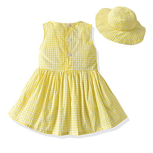 Toddler Girls Casual Plaid Dress Kids Back Button Up Sleeveless Summer Cute Bow Princess Dress+Hat Outfit 1-5T (Yellow, 12-18 Months)2