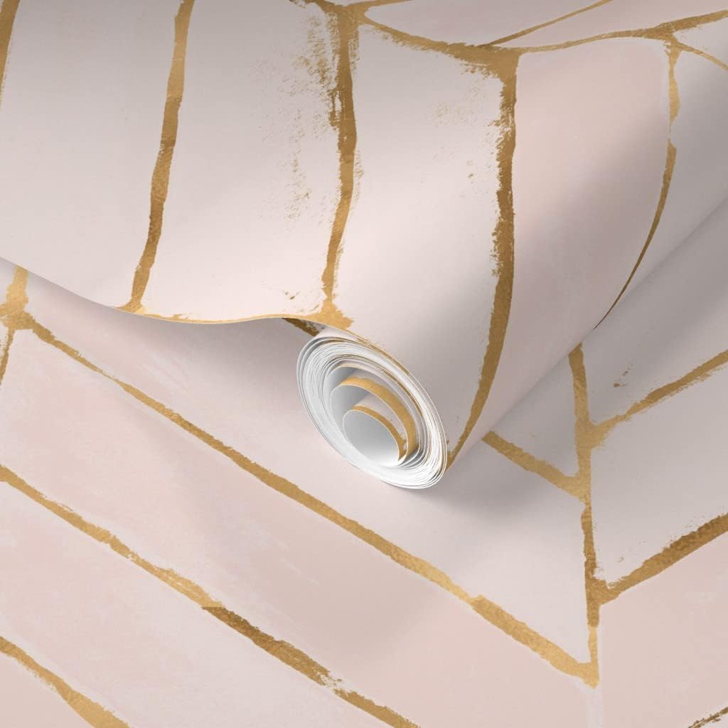 Removable Wallpaper 3ft x 2ft - Blush Pink Faux Gold Chevron Herringbone Painted Peach Boho Custom Pre-Pasted Wallpaper by Spoonflower