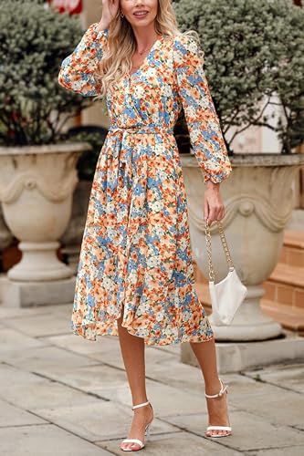 Image of PRETTYGARDEN Women's Floral Boho Dress Fall Long Sleeve Wrap V Neck Ruffle Flowy Maxi Spring Wedding Guest Vacation Dresses