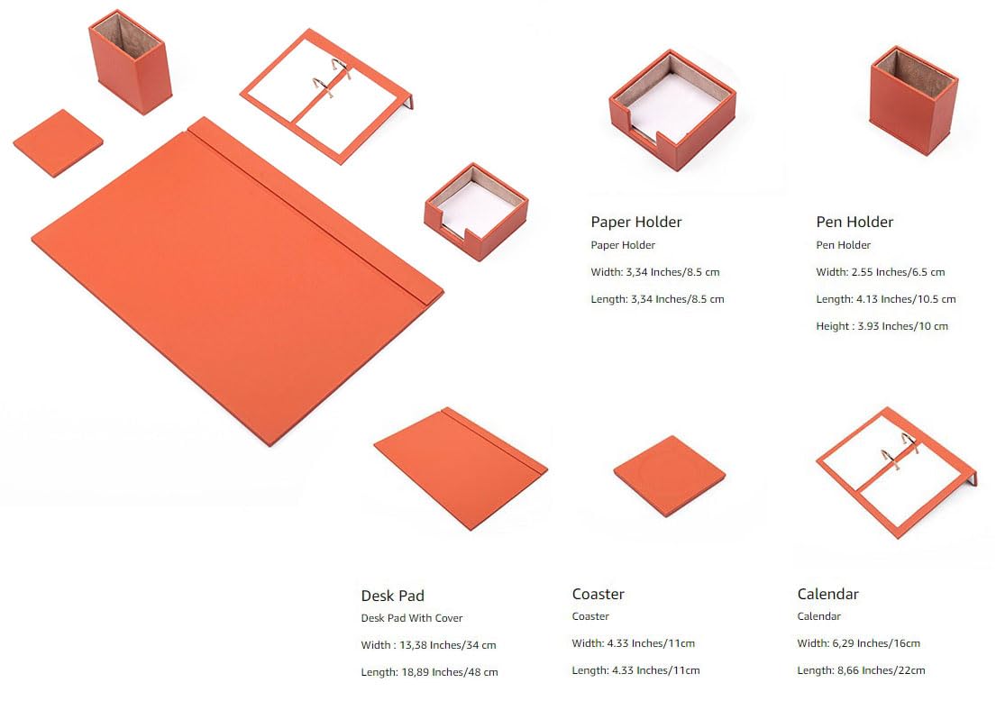 Schreibtisch-Set aus Leder – Schreibtischunterlage – Notizpapierhalter – Stifthalter – Lederuntersetzer – Schreibtischzubehör – Schreibtisch-Organizer – orange (5PCS)