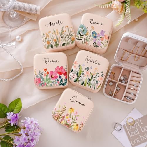 Image of PRIMIT Personalized Jewelry Box with Name & Birth Flower - Custom Travel Jewelry Organizer Case - Bridesmaid, Birthday, Christmas Gift for Women & Girls (Peach)
