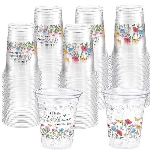 Funnymoom 60 Pack Wildflower Baby Shower Cups 12 oz Disposable Clear Plastic a Little Wildflower Is on the Way Cups for Wildflower Baby Shower Birthday Floral Spring Summer Party Decorations