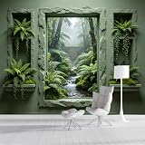 Yzpallescene Carta da parati rimovibile in tessuto 3D con foresta pluviale tropicale, cascata, pietra, finestra, effetto 3D, rimovibile, decorazione da parete per soggiorno, camera da letto, bagno