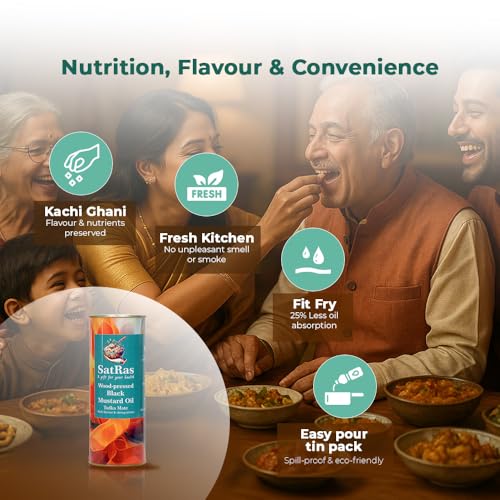 Image of SatRas Wood Pressed Mustard Oil 2 Ltr | Cold Pressed Kachi Ghani Sarso Oil | Wooden Kolhu Extracted Black Mustard Oil | Rich in Omega 3, 6 & Vitamin E, Unrefined, Chemical Free, Pure Indian Edible Oil