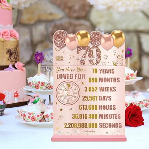 Image of Guiruiy Pink Rose Gold 70th Birthday Decorations for Women, Two-Sided Vintage 70 Back in 1956 Theme Poster Wooden Table Sign with Stand, Seventy Years Old Bday Centerpieces Holder for Table Decor