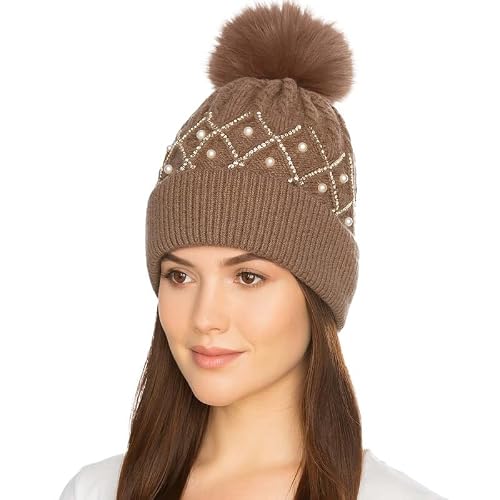 Image of Warm Winter Knitted Beanie Hat for Women and Girls, Soft Ribbed Cap with Pearls and Crystal Decoration, Cosy Thick Zigzag Pattern Design with Pom Pom, One in Multi Colours