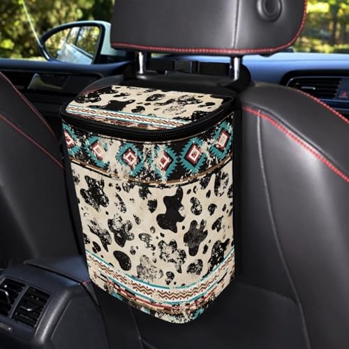 Image of Southwest Aztec Cow Car Trash Bag Foldable Hanging Car Trash Bin Can with Lid Portable Washable Automotive Garbage Storage Bag for Back Seat