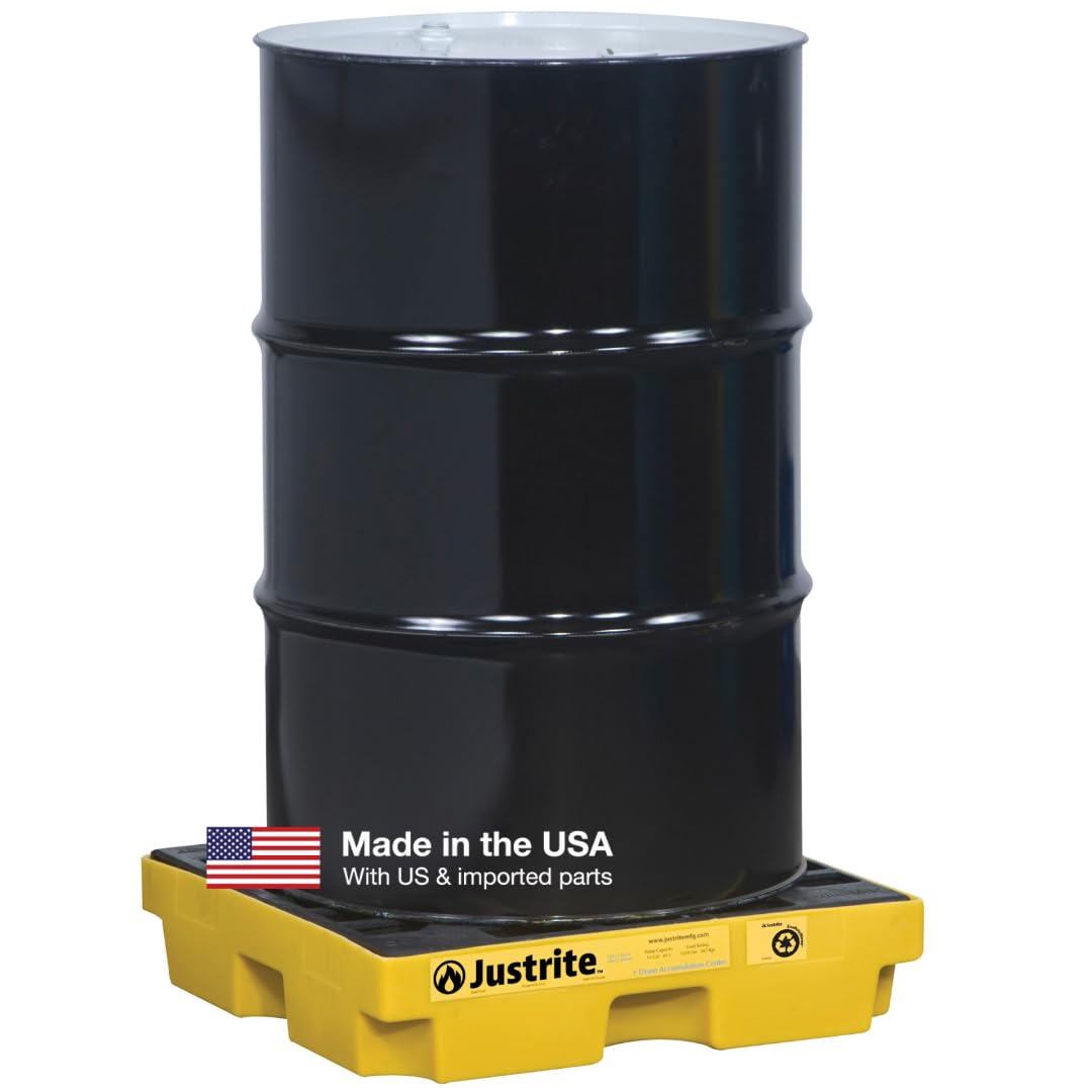 Justrite Low Profile 1 Drum Spill Containment Pallet Accumulation Center - 5.5" Tall - 12 Gal Capacity for 55 Gallon Drum Containment - Made in The