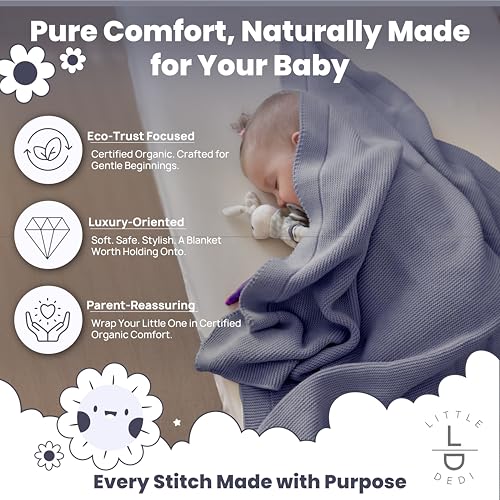 Image of 100% Organic Cotton GOTS Certified Baby Knitted Blanket with Gift Box - Soft Toddler, Crib, Stroller Blanket - Neutral Swaddle and Receiving Blanket for Newborns, 30 inchx40 inch, Grey Blue