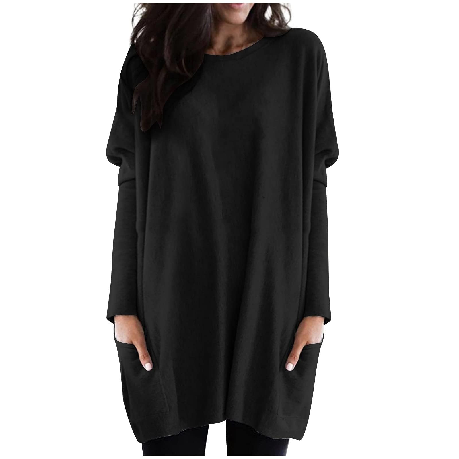 Womens Long Sleeve Tunic Tops for Leggings Fall Casual Long T Shirts with Pockets Dressy Loose Fit Oversized Cute Teacher Clothes Black
