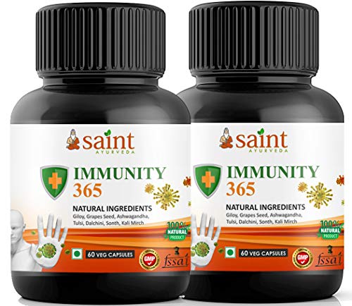 Saint Ayurveda Immunity 365 – Ayurvedic Immunity Booster Capsules | Tulsi, Giloy, Ashwagandha, Grapes Seeds, Green Tea Extract, Dalchini, Sonth, Kali Mirch (Pack of 2) Saint Ayurveda Immunity 365 – Ayurvedic Immunity Booster Capsules | Tulsi, Giloy, Ashwagandha, Grapes Seeds, Green Tea Extract, Dalchini, Sonth, Kali Mirch (Pack of 2)