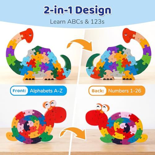 Image of LovesTown Wooden Puzzles, Snail & Dinosaur, Double-Sideld