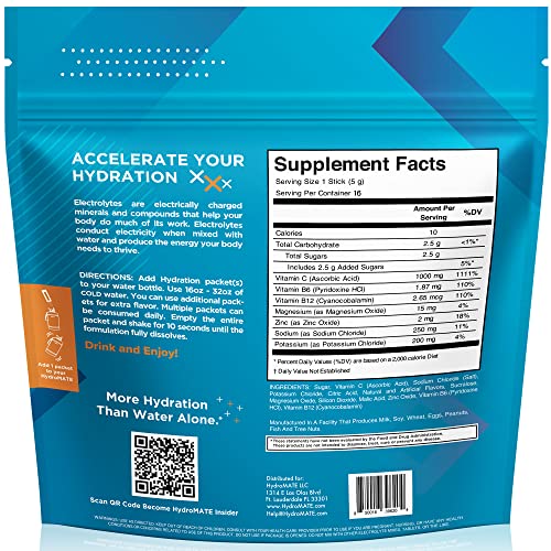 HydroMATE Electrolytes Powder with Low Sugar - 16 Instant Hydration Packets with Vitamin C Orange to Boost Energy - Low Sugar Electrolytes Powder Packets to Support Hydration for Fast Party Recovery