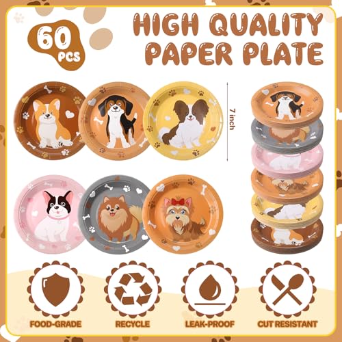 Image of Funnymoom 60 Pcs 7 Inch Dog Birthday Party Paper Plates Cute Puppy Themed Disposable Dessert Cake Plates Tableware Pet Paw Party Decorations Cartoon Animal Birthday Baby Shower Supplies Favors