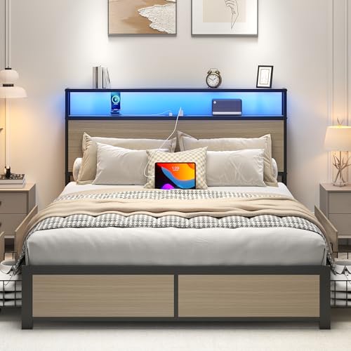 Image of Lifezone Full Bed Frame with 2-Tier Storage Headboard, Metal Platform Bed Frame with 4 Storage Drawers, Built in Charging Station & LED, Noise-Free /Metal Support /No Box Spring Needed, Beige