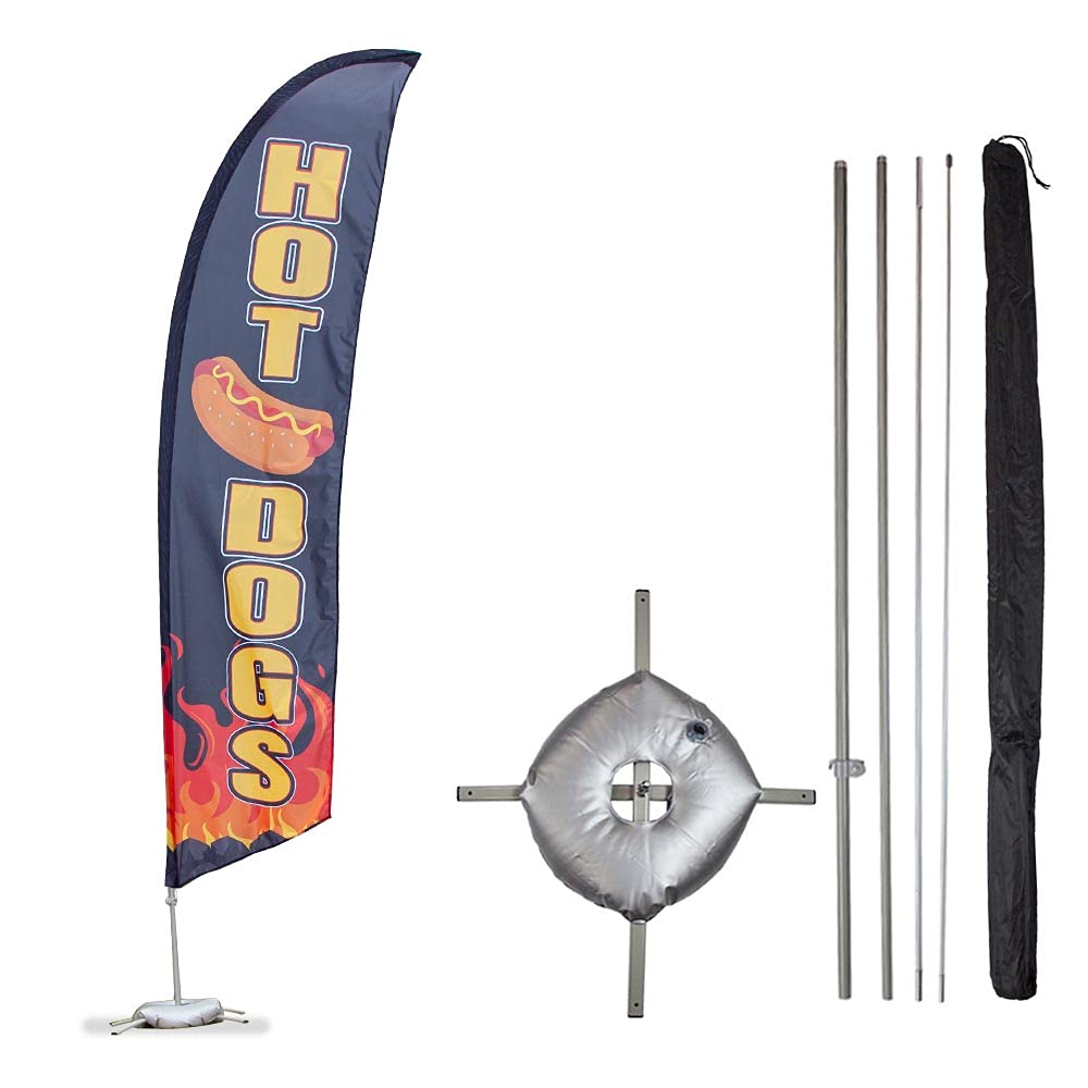 Vispronet Hot Dogs Feather Flag Kit – 13.5ft Outdoor Flag with Pole Set, Cross Base & Weight Bag, Pole Sleeve Bag – Advertising Flag for Hotdog Stand