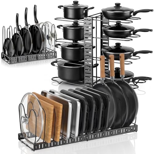 2 Pack Pot & Pans Organizer Kit for Cabinet, 8 Tier Adjustable Pot & Pans Organizer Rack, Expandable Cutting Board Storage Rack Baking Tray Cookie Sheet Holder with 14 Adjustable Divider Kitchen