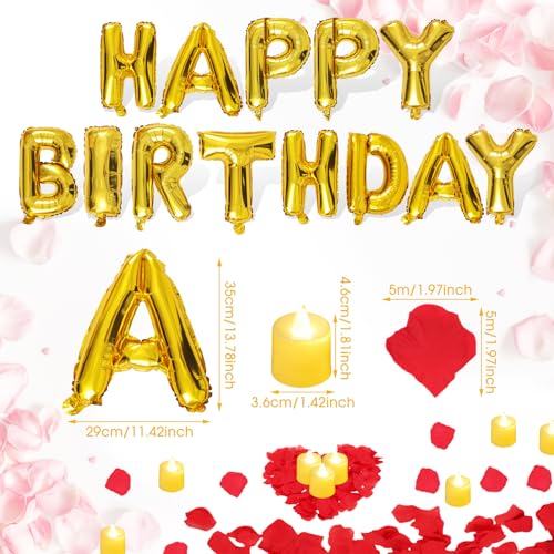 Image of Red and Gold Happy Birthday Balloons Decorations Happy Birthday Letter Balloons Banner with 24pcs Flameless LED Candles and 2000pcs Artificial Rose Petals for Women Men Room Party Decorr