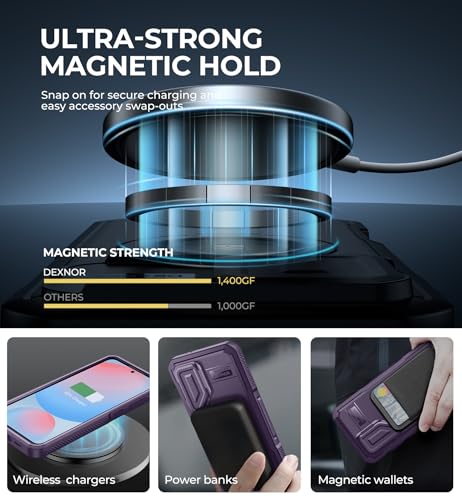 Image of Dexnor for Samsung Galaxy S24 FE Case with Camera Cover & Adjustable Kickstand & Built-in Screen Protector, Magnetic Rugged Shockproof Bumper Cases Heavy-Duty Magnetic Protective Cover,Phantom Purple