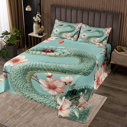 Castle Fairy Coiled Snake Coverlet Set Twin Size Pink Cherry Blossom Bedspread Fashion Room Decor Japanese Style Luxury Quilted for Teens Gift Reptile Animal Bedspread with 1 Pillowcase