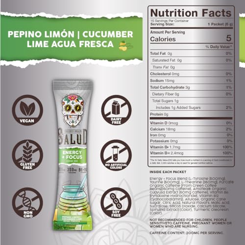 Image of Salud 2-in-1 Energy Drink Powder + Focus, Cucumber Lime, Organic Caffeine, B6 + B12, Theanine, Clean Energy Drink Packets, Agua Fresca Mix, Non-GMO, Gluten Free, Vegan, 1g of Sugar, (15 Servings)