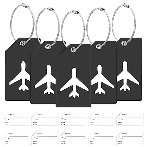 5Pack Silicone Luggage Tag with 10 Name ID Cards Perfect to Quickly Spot Luggage Tags for Suitcases Partial Privacy Cover & Stainless Steel Loops for Secure Fastening (Black)