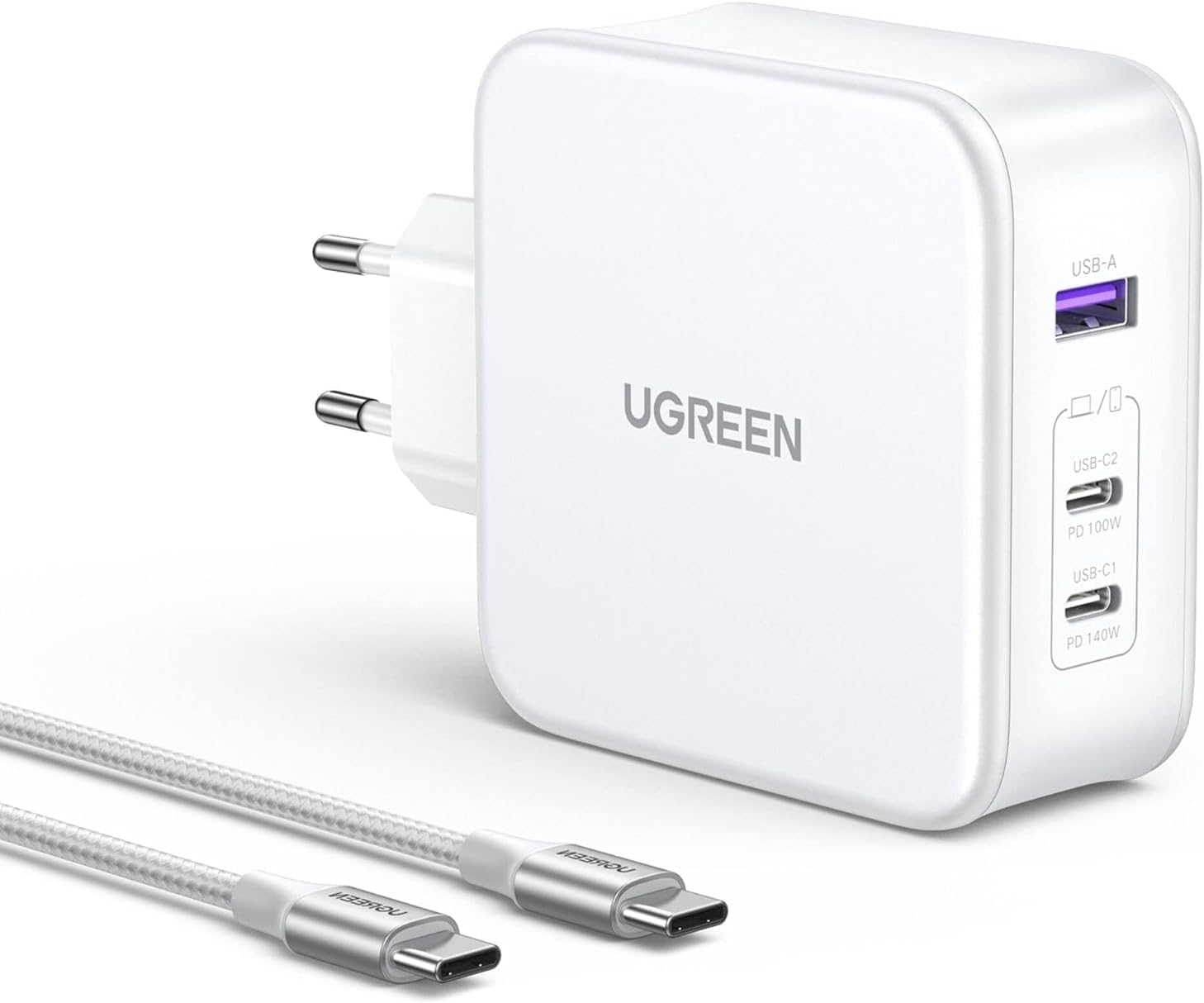 UGREEN Nexode USB-A+2*USB-C 140W GaN Tech. & USB-C kablosu 2 m, beyaz