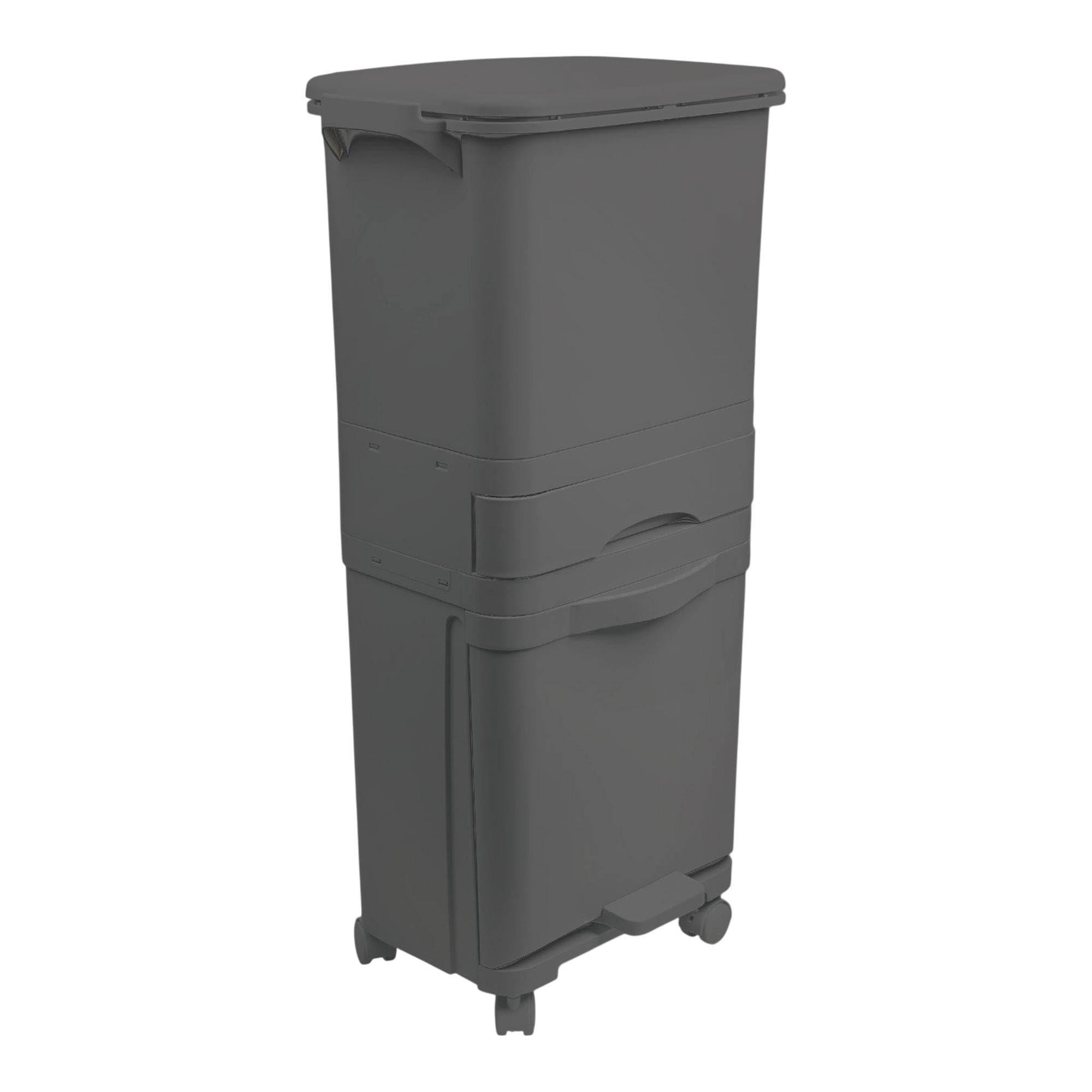 Papelera de reciclaje de clasificación selectiva con pedal, ruedas y asa de triple compartimento de 42L (24L + 4L + 14L) gris antracita