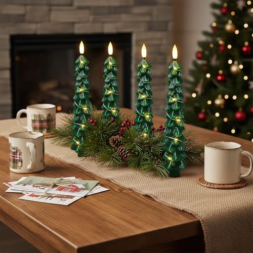 Image of Christmas Tree Candles with Remote Timer, 4 Pcs Waxy Flameless Taper Candles with Embedded String Lights, Battery Operated LED Candlesticks 3D Flame Wick, Green Gifts Christmas Decorations