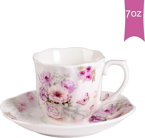 Miniatura 3 de GuangYang Juego de 6 tazas de té y platillos de porcelana de 7 onzas, patrón floral morado (perfecto para capuchino, café blanco plano, americano,