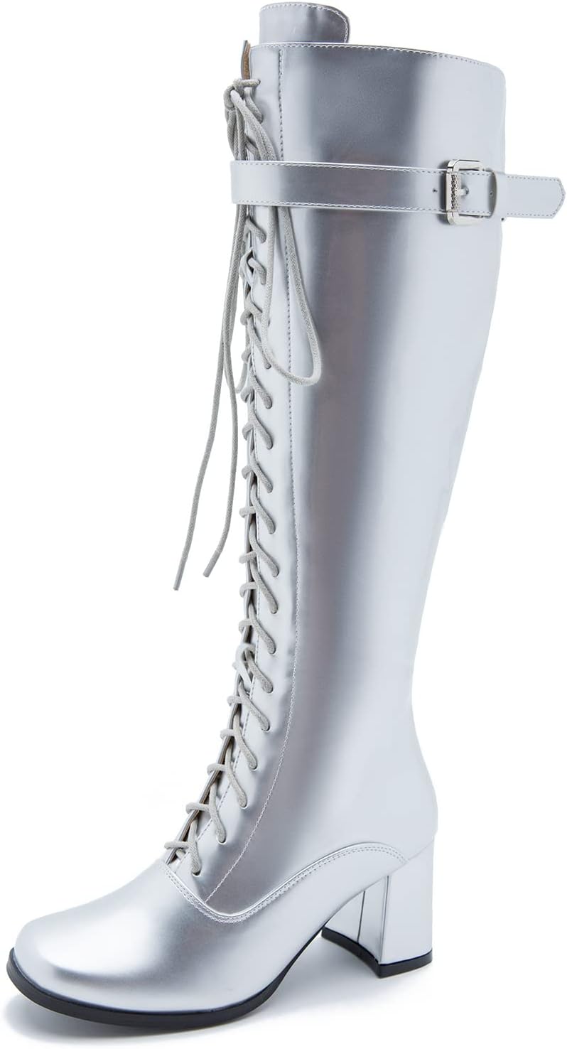 LIURUIJIA Women's Gogo Boots Lace up Knee High Block Heel Side Zipper Riding Boots