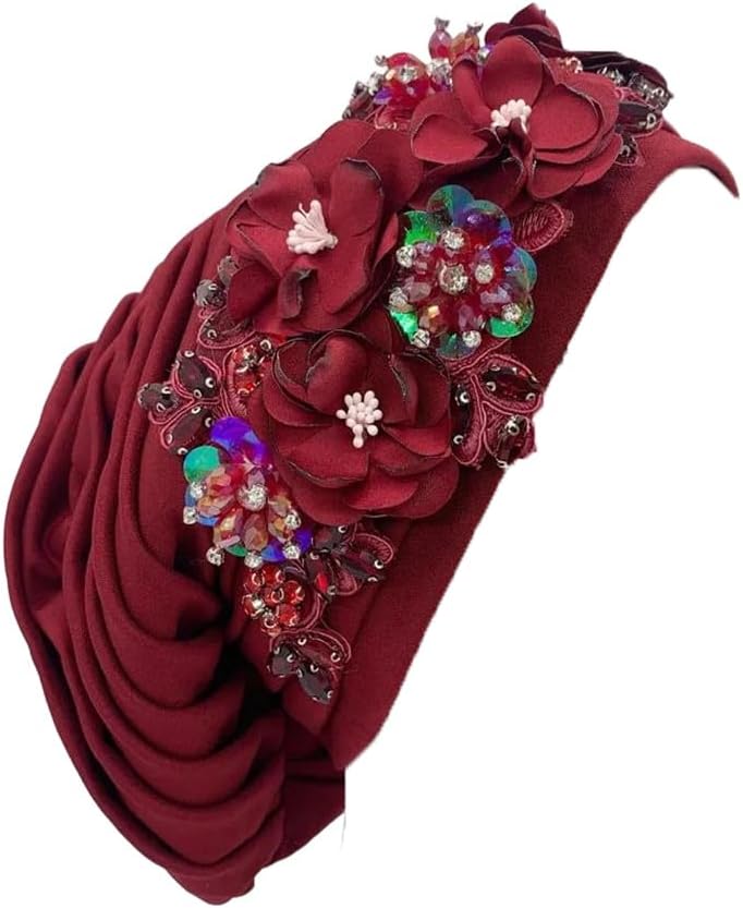 Women's Elegant Flower Diamonds Turban Cap African Party Hat Lady Headwrap Muslim Headscarf Hats