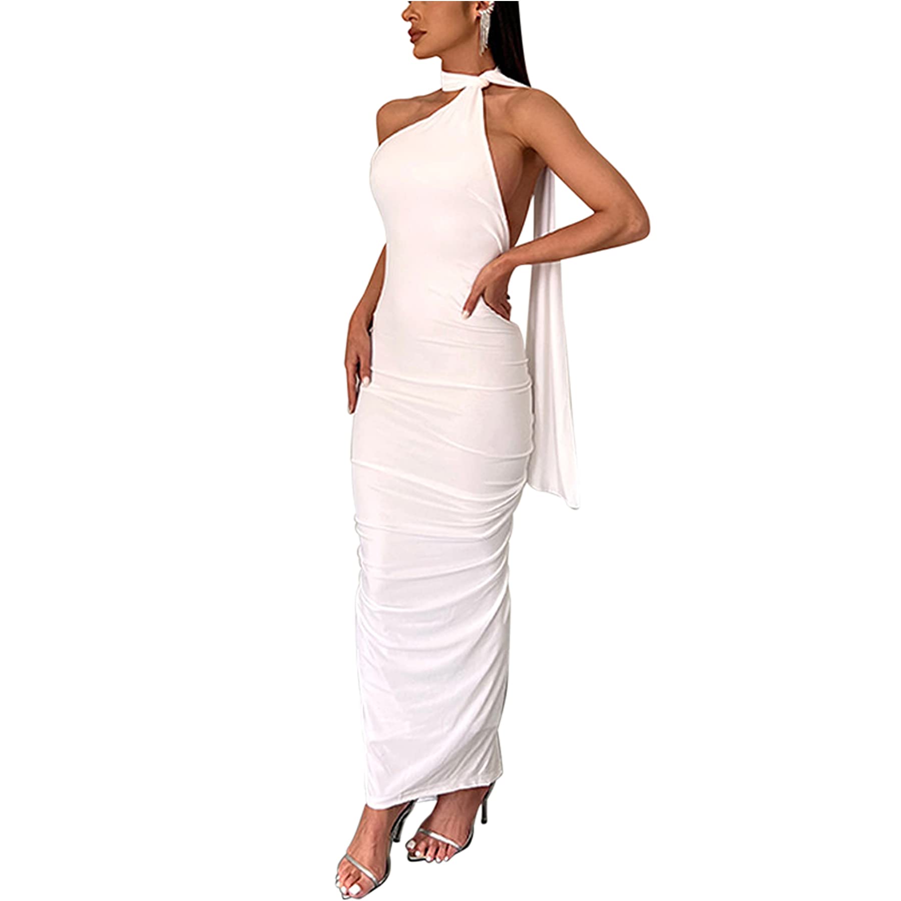 Photo 1 of RARITYUS Women Sexy Backless Draped Maxi Dress Elegant Sleeveless Back Ruffle Falbala Strap Evening Cocktail Long Dress Medium Backless Maxi Dress White